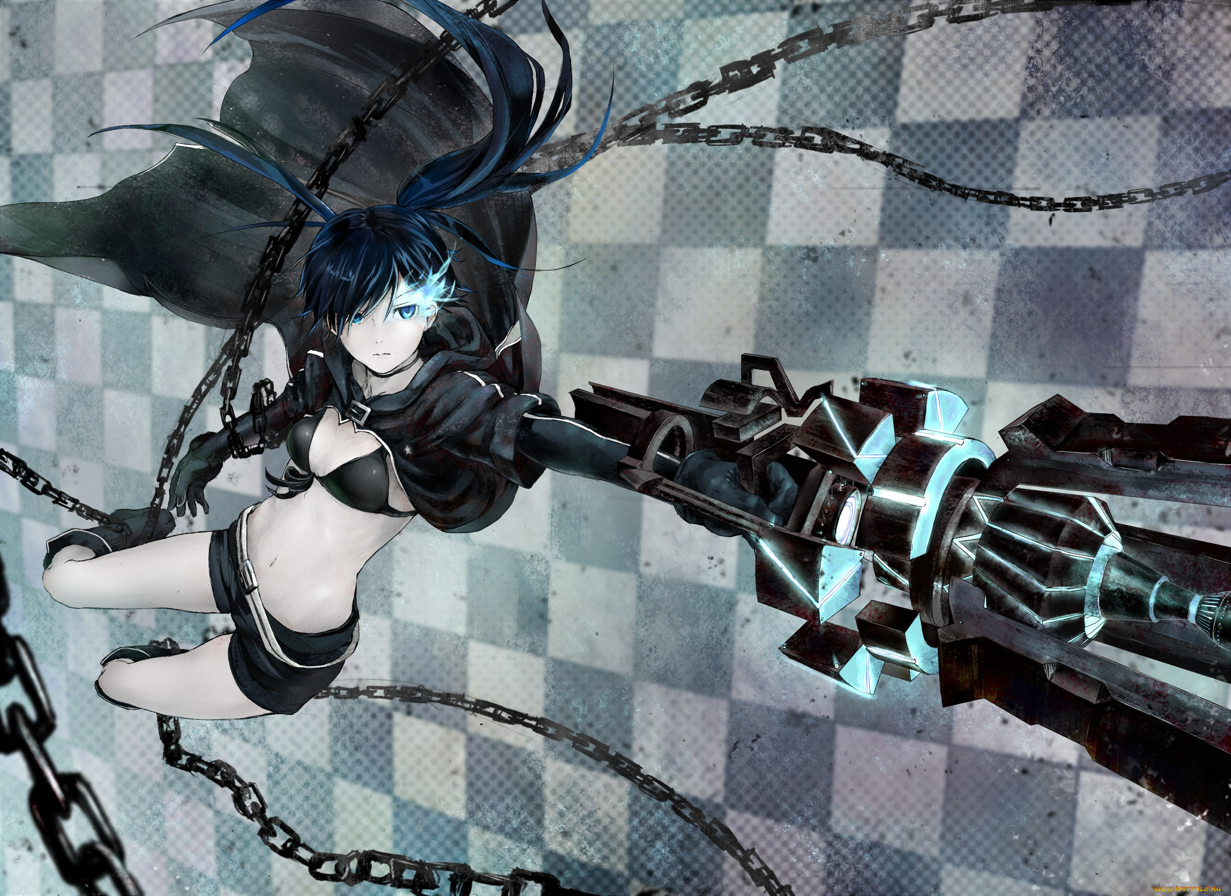 Обои Аниме Black Rock Shooter, обои для рабочего стола, фотографии аниме,  black rock shooter, оружие, девушка, цвет, цепь, арт, shouin, kuroi, mato,  black, rock, shooter Обои для рабочего стола, скачать обои картинки